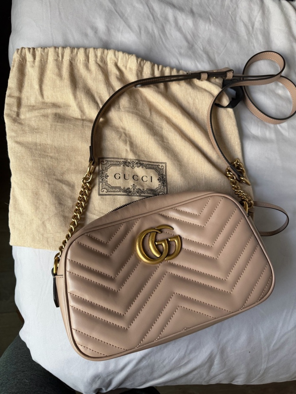 Gucci Beige Pink GG Marmont Chevron Crossbody Bag